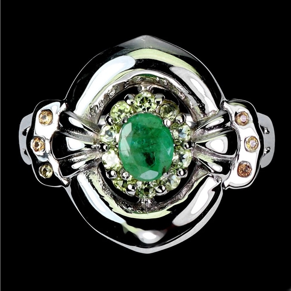 925 Silver Emerald Peridot Sapphire Gemstone Ring. Size 9